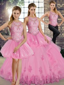 Clearance Sleeveless Floor Length Lace and Embroidery and Ruffles Lace Up Ball Gown Prom Dress with Rose Pink