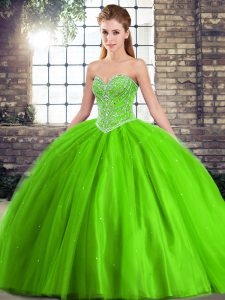 Ball Gowns Sweetheart Sleeveless Tulle Brush Train Lace Up Beading Quinceanera Dresses