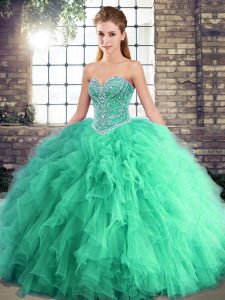 Artistic Sweetheart Sleeveless Ball Gown Prom Dress Floor Length Beading and Ruffles Turquoise Tulle