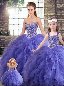 Sleeveless Tulle Floor Length Lace Up Quinceanera Gown in Lavender with Beading and Ruffles