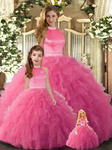 Simple Hot Pink Sleeveless Floor Length Beading and Ruffles Backless Quinceanera Dress