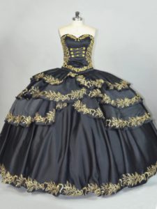 Exquisite Black Lace Up Sweetheart Embroidery 15th Birthday Dress Satin Sleeveless