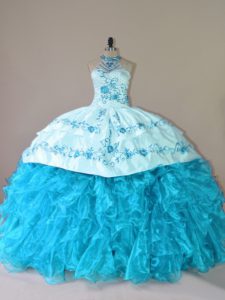 Aqua Blue Lace Up Halter Top Embroidery and Ruffles Ball Gown Prom Dress Organza Sleeveless Court Train