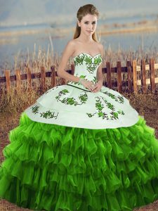 Ideal Green Sleeveless Embroidery and Ruffled Layers and Bowknot Floor Length Quinceanera Dresses