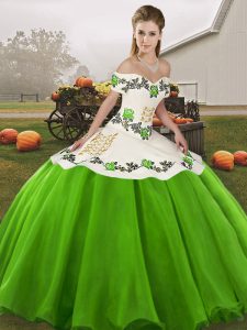 Custom Fit Off The Shoulder Sleeveless 15th Birthday Dress Floor Length Embroidery Green Organza
