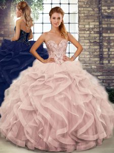 Pink Lace Up Ball Gown Prom Dress Beading and Ruffles Sleeveless Floor Length