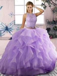 Sweet Tulle Scoop Sleeveless Zipper Beading and Ruffles Quinceanera Gown in Lavender
