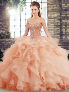 Peach Sleeveless Tulle Brush Train Lace Up Quinceanera Dress for Military Ball and Sweet 16 and Quinceanera