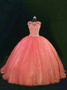 Orange Ball Gowns Tulle Scoop Sleeveless Beading and Lace Floor Length Lace Up Quince Ball Gowns
