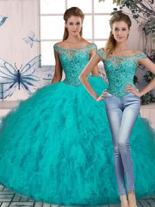 Latest Aqua Blue Lace Up Off The Shoulder Beading and Ruffles Sweet 16 Quinceanera Dress Tulle Sleeveless Brush Train