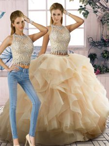 Best Beading and Ruffles Quinceanera Gowns Champagne Zipper Sleeveless Floor Length