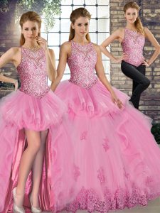 Floor Length Rose Pink Quince Ball Gowns Tulle Sleeveless Lace and Embroidery and Ruffles