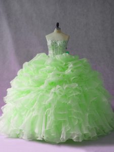Glittering Sweetheart Sleeveless Quinceanera Gowns Brush Train Beading and Ruffles and Pick Ups Yellow Green Organza