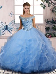 On Sale Blue Off The Shoulder Neckline Beading and Ruffles Sweet 16 Dresses Sleeveless Lace Up