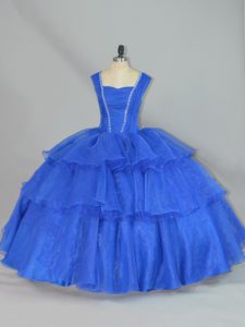 Blue Ball Gowns Straps Sleeveless Organza Floor Length Lace Up Beading and Ruffled Layers Quinceanera Gown