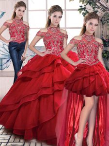 Fabulous Red Lace Up Halter Top Beading and Ruffles Sweet 16 Dresses Organza Sleeveless