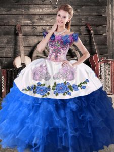 Blue And White Ball Gowns Satin and Organza Off The Shoulder Sleeveless Appliques Floor Length Lace Up Sweet 16 Quinceanera Dress