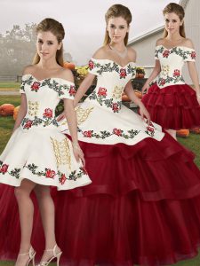 Simple Wine Red Off The Shoulder Lace Up Embroidery and Ruffled Layers Sweet 16 Dresses Brush Train Sleeveless