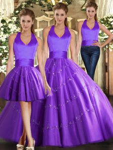 Beading Quince Ball Gowns Purple Lace Up Sleeveless Floor Length