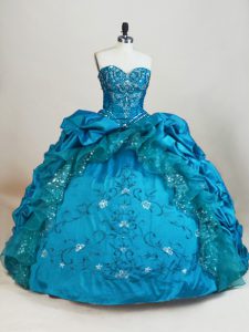 Beading and Embroidery and Pick Ups 15th Birthday Dress Baby Blue Lace Up Sleeveless Floor Length