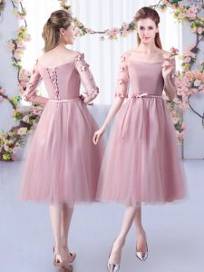 New Style Tulle Half Sleeves Tea Length Court Dresses for Sweet 16 and Appliques and Belt
