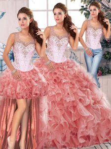 Excellent Watermelon Red Sleeveless Organza Clasp Handle Quinceanera Gown for Military Ball and Sweet 16 and Quinceanera