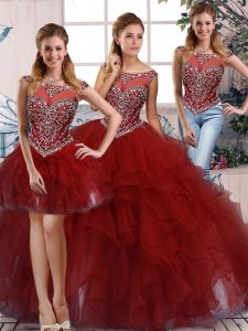 Custom Made Sleeveless Floor Length Beading and Ruffles Zipper Ball Gown Prom Dress with Burgundy