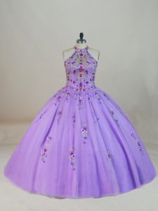 Lavender Ball Gowns Halter Top Sleeveless Tulle Brush Train Lace Up Beading and Embroidery Sweet 16 Dress