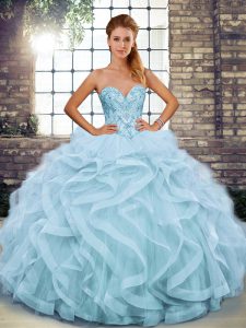 Romantic Light Blue Lace Up Sweetheart Beading and Ruffles Quinceanera Gowns Tulle Sleeveless