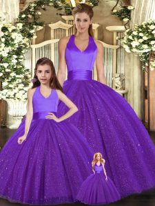 Purple Halter Top Lace Up Ruching Sweet 16 Dress Sleeveless