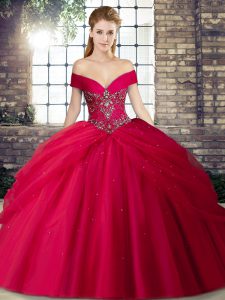 Traditional Off The Shoulder Sleeveless Brush Train Lace Up Sweet 16 Quinceanera Dress Red Tulle