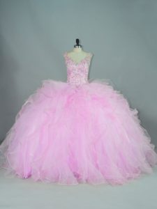 Lilac Tulle Lace Up Quinceanera Gown Sleeveless Brush Train Beading and Ruffles