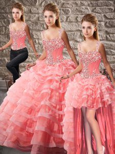 Flirting Watermelon Red Straps Lace Up Beading and Ruffled Layers 15th Birthday Dress Court Train Sleeveless