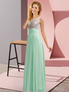 Charming Apple Green Empire Chiffon Scoop Sleeveless Beading Floor Length Side Zipper Dama Dress