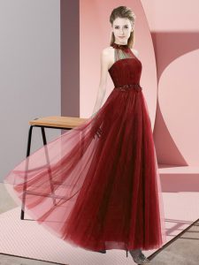 Empire Court Dresses for Sweet 16 Wine Red Halter Top Tulle Sleeveless Floor Length Lace Up