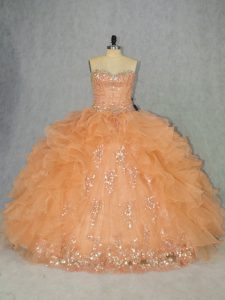 Elegant Sweetheart Sleeveless 15th Birthday Dress Beading and Ruffles Orange Organza