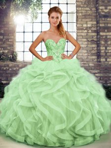 Artistic Apple Green Tulle Lace Up Sweetheart Sleeveless Floor Length Sweet 16 Dresses Beading and Ruffles