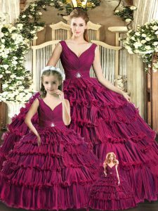 Colorful Ball Gowns Quinceanera Gowns Burgundy V-neck Organza Sleeveless Floor Length Backless