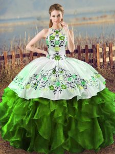 Flare Halter Top Sleeveless Quince Ball Gowns Floor Length Embroidery and Ruffles Green