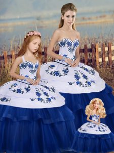 Custom Fit Royal Blue Tulle Lace Up Sweetheart Sleeveless Floor Length Sweet 16 Quinceanera Dress Embroidery and Bowknot