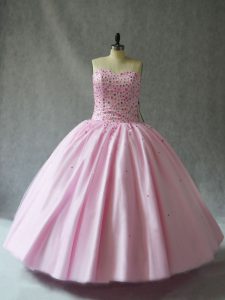 Floor Length Pink Ball Gown Prom Dress Tulle Sleeveless Beading