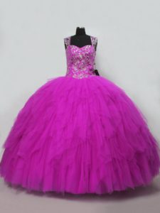Exceptional Fuchsia Ball Gowns Tulle Straps Sleeveless Beading and Ruffles Floor Length Lace Up Vestidos de Quinceanera
