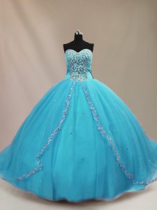 Most Popular Sleeveless Beading Lace Up Quinceanera Dresses with Aqua Blue Court Train