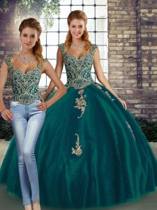 Peacock Green Two Pieces Beading and Appliques Sweet 16 Dresses Lace Up Tulle Sleeveless Floor Length