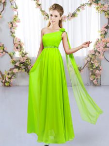 Yellow Green Empire One Shoulder Sleeveless Chiffon Floor Length Lace Up Beading and Hand Made Flower Quinceanera Court of Honor Dress