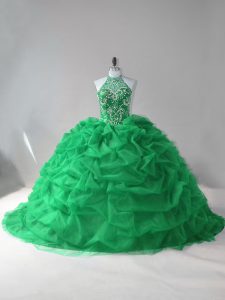 Green Ball Gowns Tulle Halter Top Sleeveless Beading and Pick Ups Lace Up Sweet 16 Quinceanera Dress Court Train
