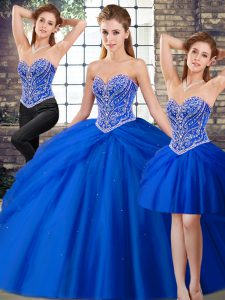 Royal Blue Sweet 16 Dress Tulle Brush Train Sleeveless Beading and Pick Ups
