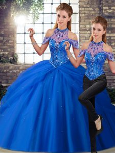 Blue Two Pieces Halter Top Sleeveless Tulle Brush Train Lace Up Beading and Pick Ups Quinceanera Gowns