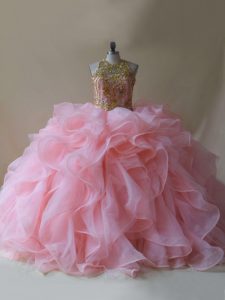 Baby Pink Backless Ball Gown Prom Dress Beading and Ruffles Sleeveless Brush Train