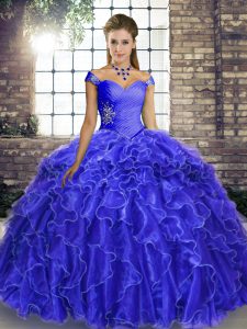 Discount Royal Blue Ball Gowns Organza Off The Shoulder Sleeveless Beading and Ruffles Lace Up Quinceanera Dress Brush Train